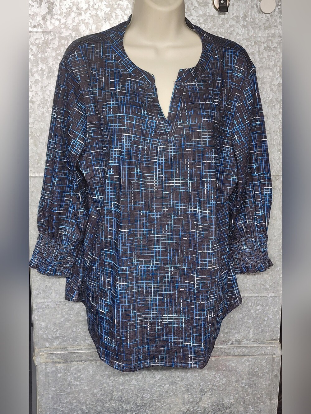 Wiholl Black-Blue Geo Design 3/4 Sleeve Blouse Womens XL